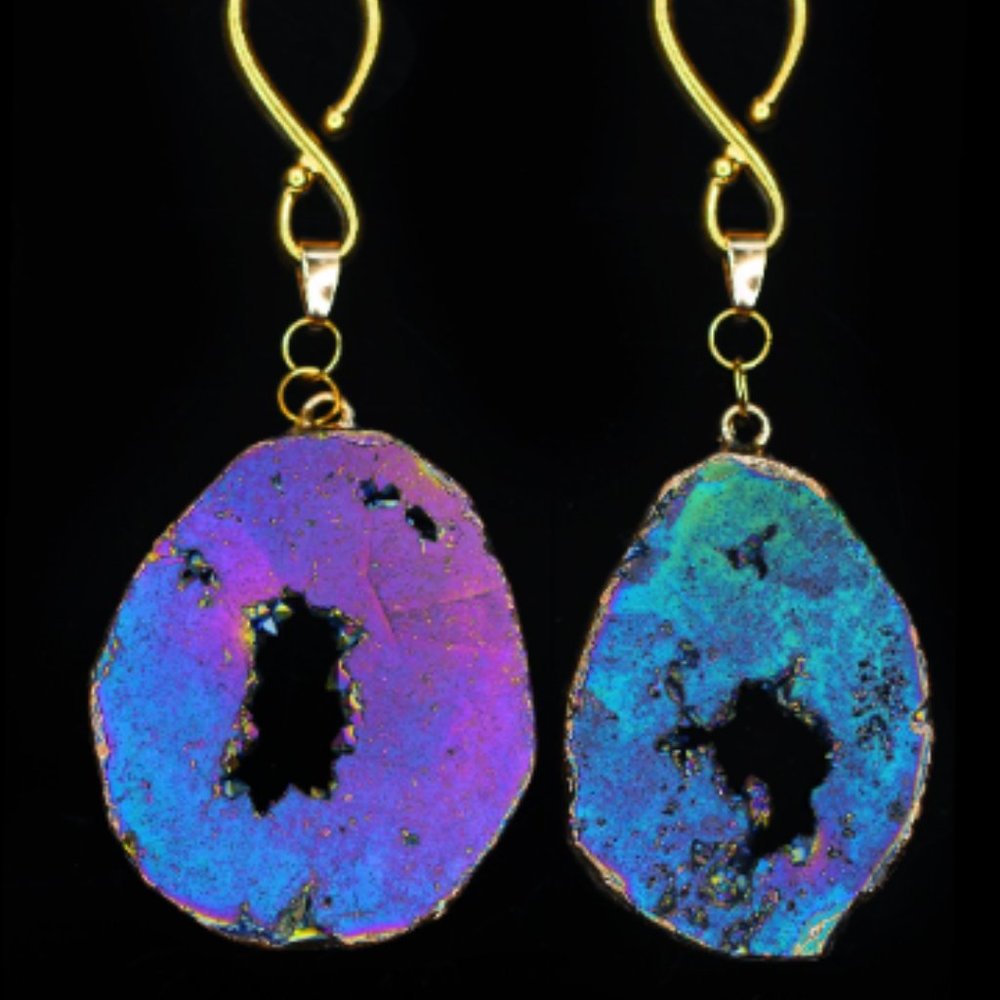 Natural Handcrafted Rainbow Geode || Ear Weights